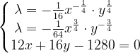 \dpi{120} \left\{\begin{matrix} \lambda =-\frac{1}{16}x^{-\frac{1}{4}}\cdot y^{\frac{1}{4}}\; \; \; \; \; \; \\\lambda =- \frac{1}{64}x^{\frac{3}{4}}\cdot y^{-\frac{3}{4}} \; \; \; \; \; \; \\ 12x+16y-1280=0\end{matrix}\right.